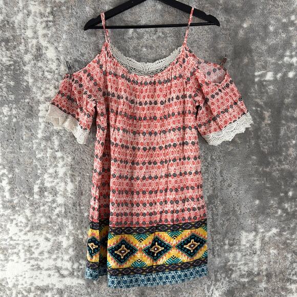 Eyeshadow Dresses & Skirts - EyeShadow Size L Geometric Lace Cold Shoulder Dress Pink Short Sleeve Lined